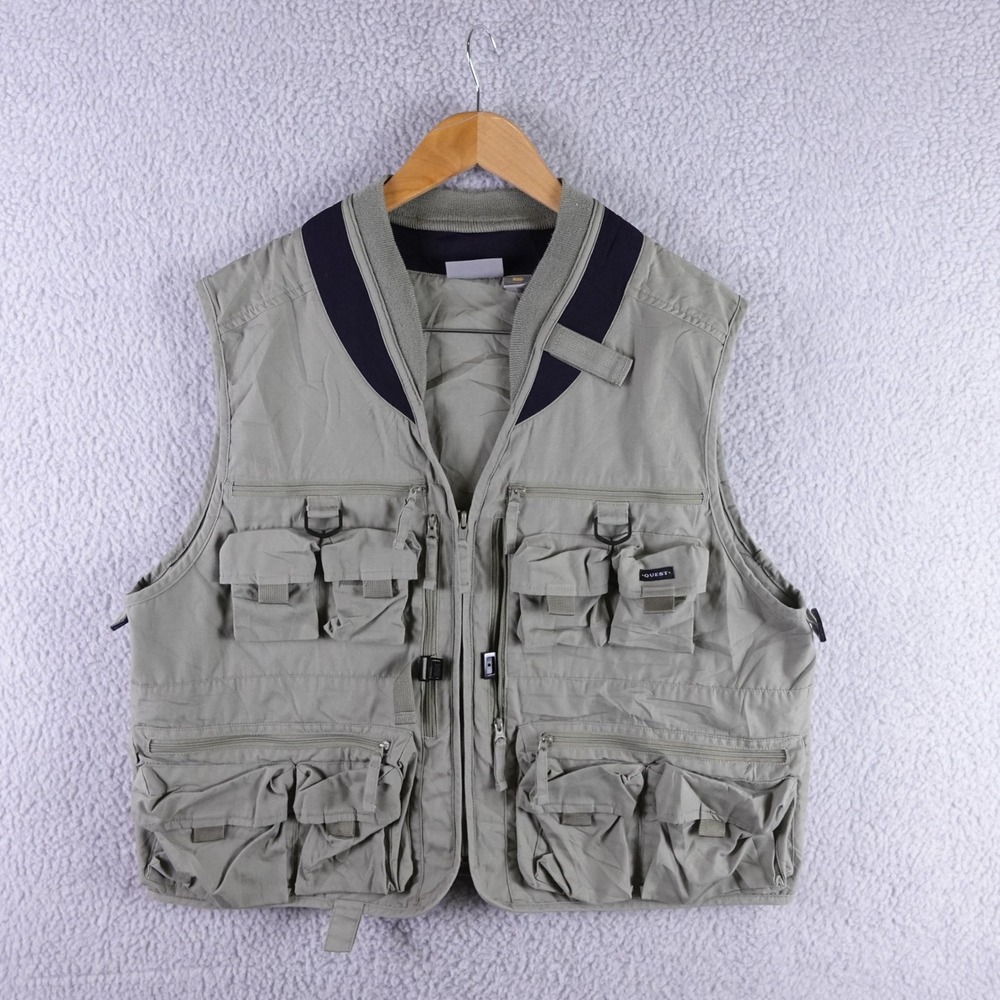 Quest Mens Utility Fishing Vest Sage Green Multi Pocket‎ Gorpcore L/XL Outdoor